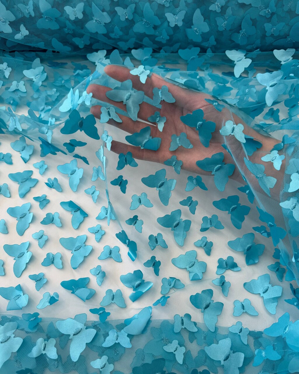 Turquoise 3D Butterfly Nylon Tulle Fabric by the Yard, 63" Wide Soft Stretch Mesh Fabric for Veils, Wedding Dresses, Decor & Sewing